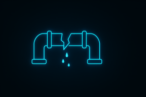 dark-mode digital illustration showing a glowing neon-blue broken pipeline with jagged edges and dripping droplets, symbolizing a disrupted or leaking system in a clean, minimalist SaaS-style interface.