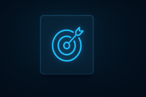 Flat UI card featuring a glowing neon-blue bullseye target icon with an arrow, centered on a dark-mode background with subtle gradients and modern SaaS-style design.