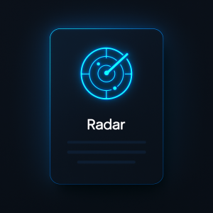 dark-mode digital interface showcasing a glowing neon-blue feature card with a radar icon and the label “Radar,” floating against a clean, minimalist black background with subtle gradients and modern UI styling.