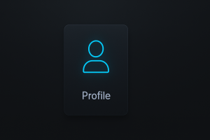 dark-mode UI card featuring a glowing neon-blue profile avatar icon above the “Profile” label, with soft gradients, rounded corners, and a clean, minimalist SaaS design.