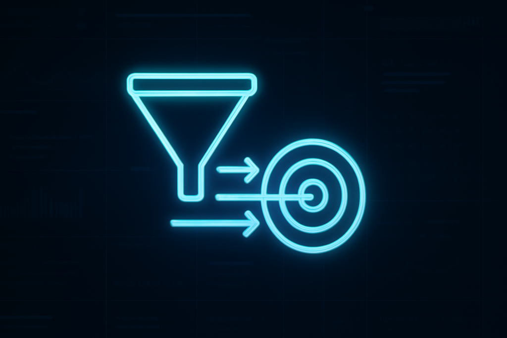 A glowing neon-blue funnel icon with arrows directing to a target, symbolizing precision leads in a modern, high-tech dashboard environment with a dark UI background.