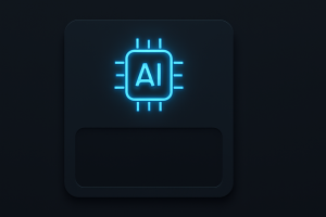 Dark-mode flat UI card featuring a glowing neon-blue AI chip icon, minimalist layout with subtle shadows, rounded corners, and crisp text space, designed for sleek, modern interfaces.