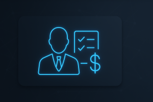 Flat dark-themed UI card featuring a glowing neon-blue businessperson icon with checklist and dollar sign, surrounded by abstract connection lines and nodes, in a minimalist SaaS interface