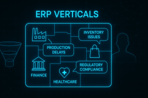 Dark-themed flat UI card glowing in neon blue, displaying a segmented ERP verticals map with industry icons for manufacturing, retail, finance, and healthcare. Overlaid text bubbles highlight specific pain points, accompanied by subtle funnel charts and persona silhouettes, set against a grid-lined background with network connection patterns.