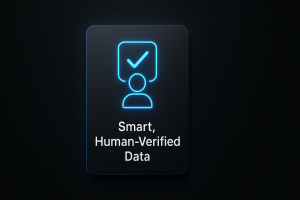 dark-mode UI card featuring a glowing neon-blue icon of a user with a checkmark above, labeled "Smart, Human-Verified Data" in bold white text, styled in a modern SaaS interface with soft gradients and minimal design.