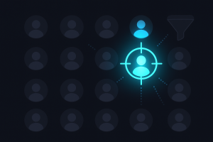 Dark-themed 16:9 UI illustration showing a glowing blue targeting icon over a segmented customer avatar grid, with one bright avatar symbolizing ideal lead match. Includes dotted connection lines and a stylized funnel overlay in a modern SaaS dashboard style.