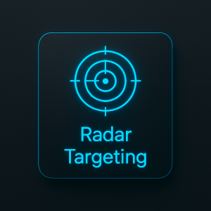dark-mode UI card featuring a glowing neon-blue radar target icon with concentric rings above the heading “Radar Targeting,” all centered within a horizontally stretched rectangular card with rounded corners and minimalist styling.