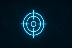 dark-mode digital illustration featuring a glowing neon-blue crosshair icon centered on a minimalist world map, symbolizing pinpoint targeting and strategic outreach in global campaigns.