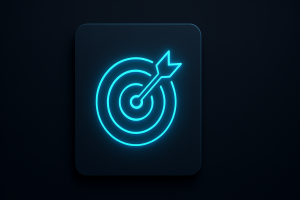 digital illustration featuring a glowing neon-blue bullseye target icon with an arrow hitting the center, overlaid on a dark, rounded-corner card in a flat minimalist SaaS-style interface.