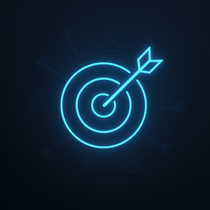 Minimalist dark-mode illustration showing a glowing neon-blue bullseye target with one arrow hitting the center and several faded arrows missing the mark, symbolizing inconsistent lead flow and the need for focused client acquisition.