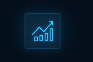 Minimalist flat UI card with a neon-blue glowing analytics chart icon featuring an upward-trending line and bar graph, set against a dark background with subtle gradients.