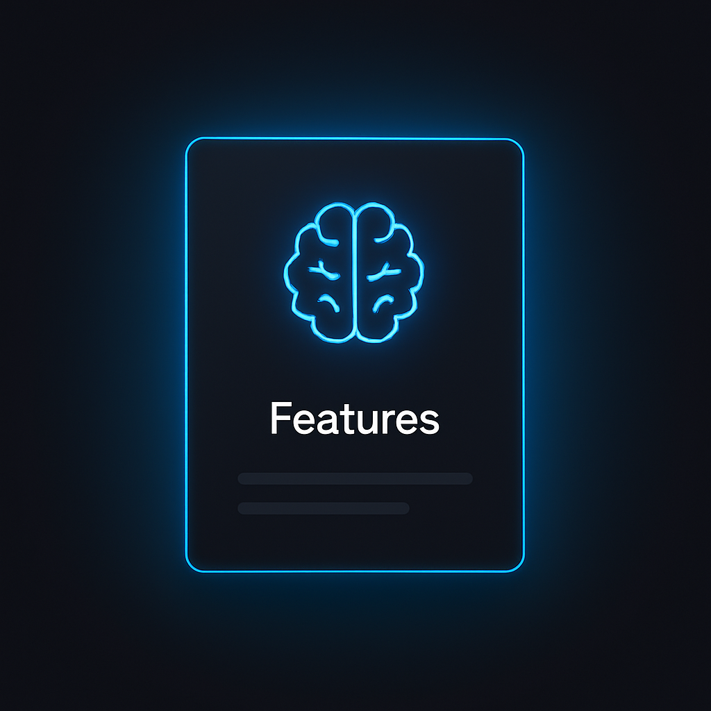 dark-mode digital illustration featuring a glowing neon-blue brain icon above the word "Features" on a sleek, floating UI card with radiant edges and a minimalist design layout.