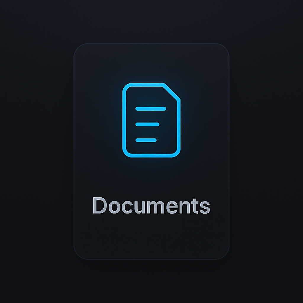 dark-mode UI card featuring a glowing neon-blue document icon above the label “Documents” in clean sans-serif font, styled with soft gradients and a minimalist SaaS interface design