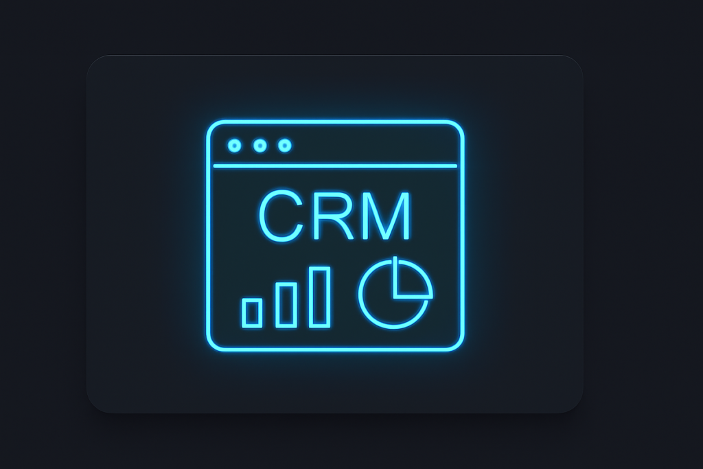 Flat UI card featuring a glowing neon-blue CRM dashboard icon with clean, modern design, sharp edges, and soft glow in a dark theme layout.