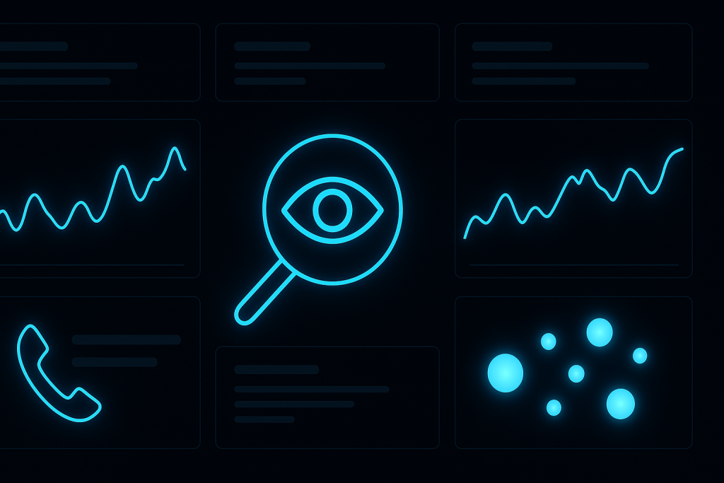 Dark-mode SaaS dashboard featuring glowing neon-blue line charts, heatmap bubbles, and a central magnifying glass icon with an eye symbolizing user tracking and analytics.