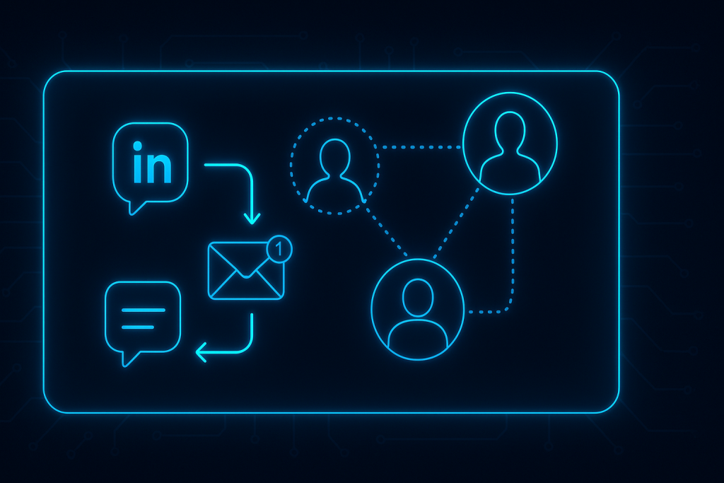 Dark-themed flat UI card showing neon-blue LinkedIn messages, email envelopes with notifications, and phone handset icons connected by glowing arrows, featuring decision-maker personas linked with dotted lines and subtle circuit board patterns
