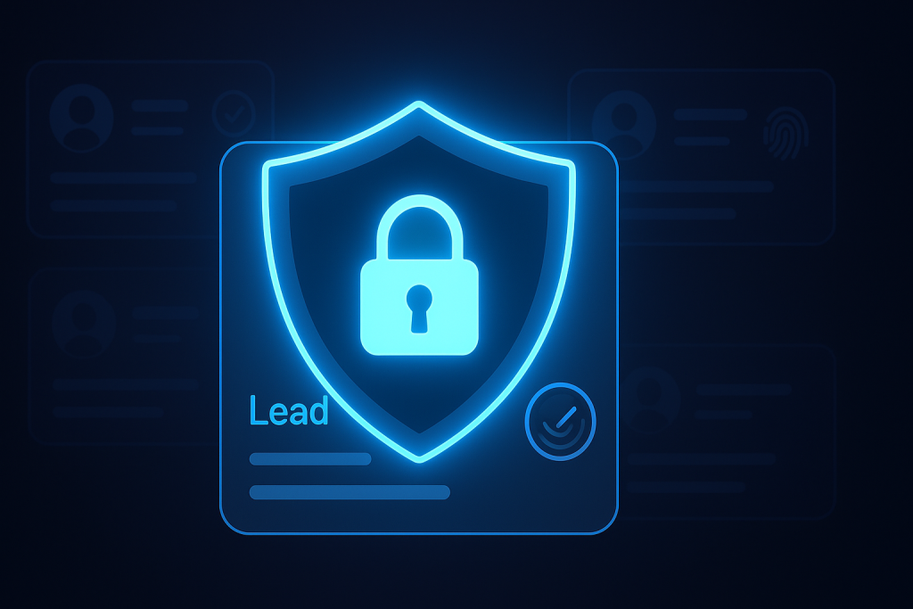16:9 dark UI illustration featuring a glowing neon-blue shield icon locked over a verified lead card, with background cards fading out. Includes checkmark, fingerprint, and padlock icons to emphasize exclusivity and lead verification.