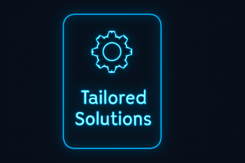 Flat UI card with rounded corners and neon-blue accents, featuring a custom gear or target icon at the top, with a headline reading "Tailored Solutions," all set against a sleek, glowing dark UI backdrop.