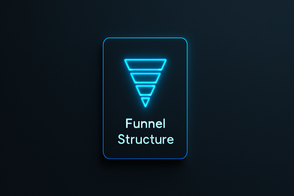 dark-themed UI featuring a centered vertical card with soft rounded corners and a glowing neon-blue border. Inside, a multi-layered funnel icon sits above the label “Funnel Structure” in clean sans-serif font, symbolizing organized lead flow or sales process design.