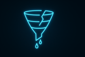 dark-mode digital illustration of a glowing neon-blue sales funnel with a visible crack and droplets leaking from the bottom, symbolizing inefficiency and loss in the sales pipeline.