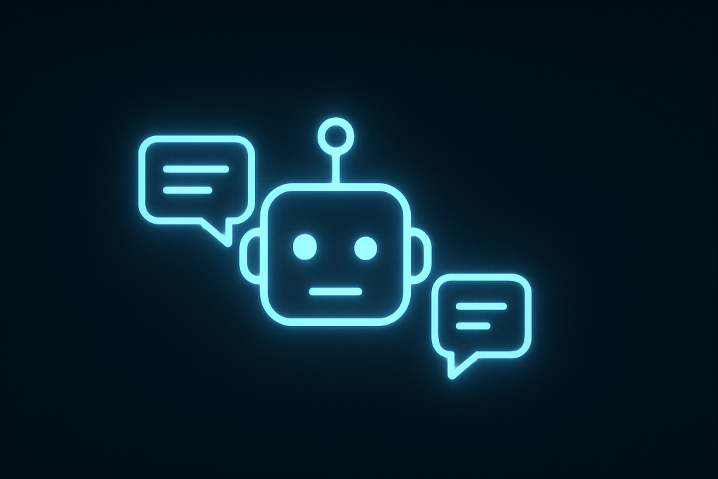 dark-mode digital illustration featuring a glowing neon-blue robot head icon with two speech bubbles on either side, symbolizing AI-powered communication in a flat minimalist UI style.