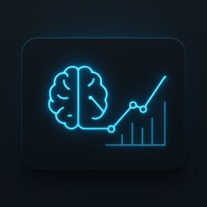 dark-mode digital illustration featuring a glowing neon-blue brain icon connected to a rising line graph with data points, all displayed on a flat minimalist card UI to represent intelligent analytics and data-driven insights.