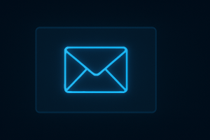 Flat UI card featuring a glowing neon-blue mail envelope icon centered on a dark background with subtle gradients, representing email or messaging functionality in a modern SaaS dashboard.
