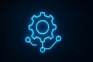 Bright neon-blue analytics graph icon glowing over a dark UI dashboard, featuring sleek chart lines, ROI indicators, and floating data points to highlight real-time analytics and clarity.