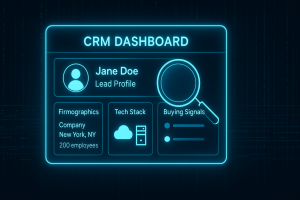 A dark-themed flat UI card glowing neon-blue showing a CRM dashboard with enriched lead profiles, firmographics, tech stack icons like cloud and servers, real-time buying signal alerts, and a magnifying glass icon highlighting a profile.