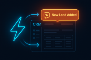 dark UI with lightning bolt icon hitting a CRM dashboard, notification bubble reading “New Lead Added,” and neon-blue arrows showing real-time lead syncing.