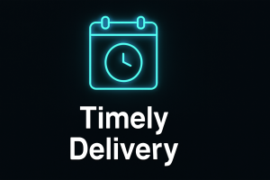 Card-style dark UI design featuring a glowing neon-blue clock or calendar icon at the top, with the bold header “Timely Delivery” and a balanced, modern layout.