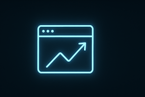 dark-mode digital illustration featuring a glowing neon-blue webpage icon with an upward-trending arrow inside, symbolizing growth, performance improvement, and conversion rate optimization in a flat minimalist UI style.