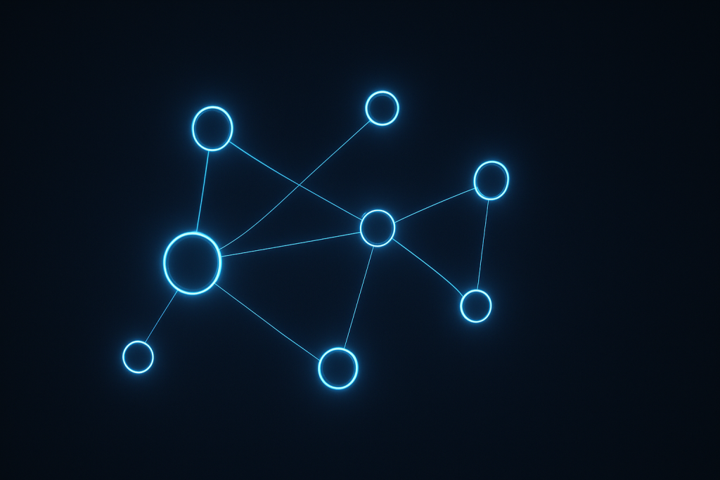 dark-mode digital illustration showing an abstract glowing neon-blue network of interconnected and isolated nodes, symbolizing fragmented communication and lack of unified connectivity.