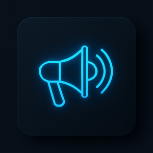 dark-mode digital illustration featuring a glowing neon-blue megaphone icon with three radiating sound waves, centered on a flat, rounded-corner UI card representing announcements, outreach, or marketing communication.