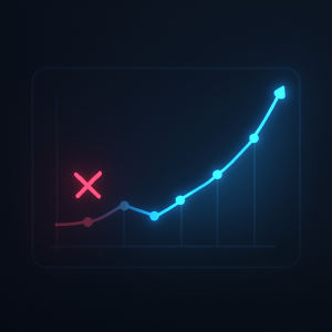 Dark-mode digital illustration showing a neon-blue line graph transitioning from flat and declining trend lines on the left, marked with a red X for underperformance, to a steep upward curve on the right, symbolizing marketing growth and improved lead generation performance.