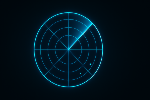dark-mode digital illustration of a glowing neon-blue radar screen with concentric circles and a sweeping segment, showing only a few small blips to indicate minimal or no detected targets, symbolizing empty or low-activity detection.