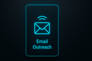 dark-mode digital illustration featuring a compact vertical UI card with soft rounded corners and a glowing neon-blue outline. Centered on the card is a neon envelope icon emitting signal waves, above the heading “Email Outreach,” symbolizing outbound communication and lead engagement.