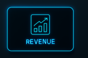 Flat black UI card featuring a glowing neon-blue revenue chart icon with an upward trend, sharp layout with glowing borders and subtle card shadows, designed for a clean, modern look.