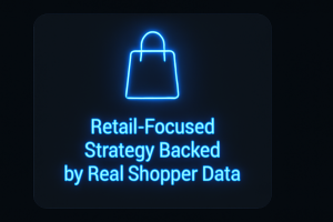 Flat dark UI card featuring a glowing neon-blue shopping bag icon, with the text “Retail-Focused Strategy Backed by Real Shopper Data” in a clean, modern design.