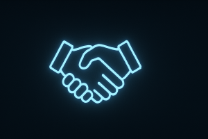 dark-mode digital illustration featuring a glowing neon-blue handshake icon, symbolizing collaboration, trust, and dedicated partnership in a clean, minimalist flat UI style.