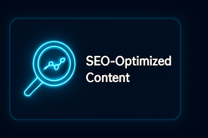 A sleek, glowing flat UI card featuring a neon-blue magnifying glass or graph icon, titled "SEO-Optimized Content" against a dark-mode background, showcasing modern, clean design.