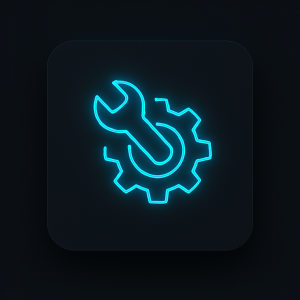 dark-mode digital illustration featuring a glowing neon-blue icon of a wrench crossed with a gear, centered on a flat, rounded-corner UI card, symbolizing optimization, configuration, or technical services.