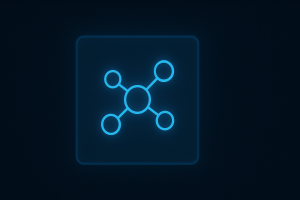 Glowing neon-blue flat UI card displaying a central hub-and-spoke multi-channel network icon, set against a dark UI background with subtle gradients and consistent spacing, representing connectivity and outreach.