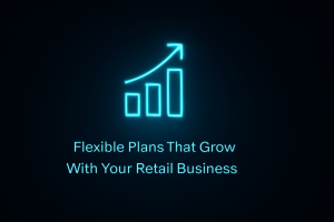 Dark-themed UI card featuring a glowing neon-blue scalable growth graph icon and text “Flexible Plans That Grow With Your Retail Business,” highlighting an elegant, modern design with smooth lighting effects.