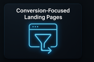 Minimal dark SaaS-style UI card featuring a glowing neon-blue analytics dashboard icon with charts and line graphs, crisp layout with subtle shadow and soft glowing borders. Header reads: "Advanced Analytics & Reporting"