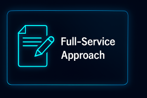 Flat dark UI card featuring a neon-blue document or editing icon with glowing accents and consistent spacing, highlighting a full-service approach in a modern, high-tech layout.