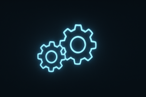 dark-mode digital illustration featuring two glowing neon-blue gears interlocked together, symbolizing seamless integration, synchronization, and efficient system operation in a flat minimalist UI style.