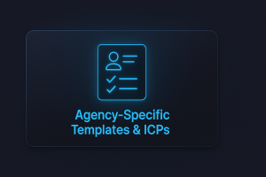 dark-mode digital card featuring a glowing neon-blue icon of a checklist document and user profile, with the title “Agency-Specific Templates & ICPs” displayed below in bold sans-serif text. The layout is centered, minimal, and styled in a modern SaaS UI.