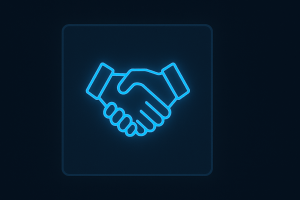 Dark-mode flat UI card featuring a glowing neon-blue handshake icon centered on a gradient background, symbolizing account management and client relationships.
