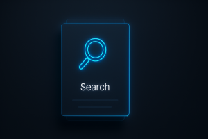 digital illustration featuring a glowing neon-blue magnifying glass icon centered on a stacked UI card labeled "Search," floating over a sleek dark background with minimalist gradients and soft glowing outlines.